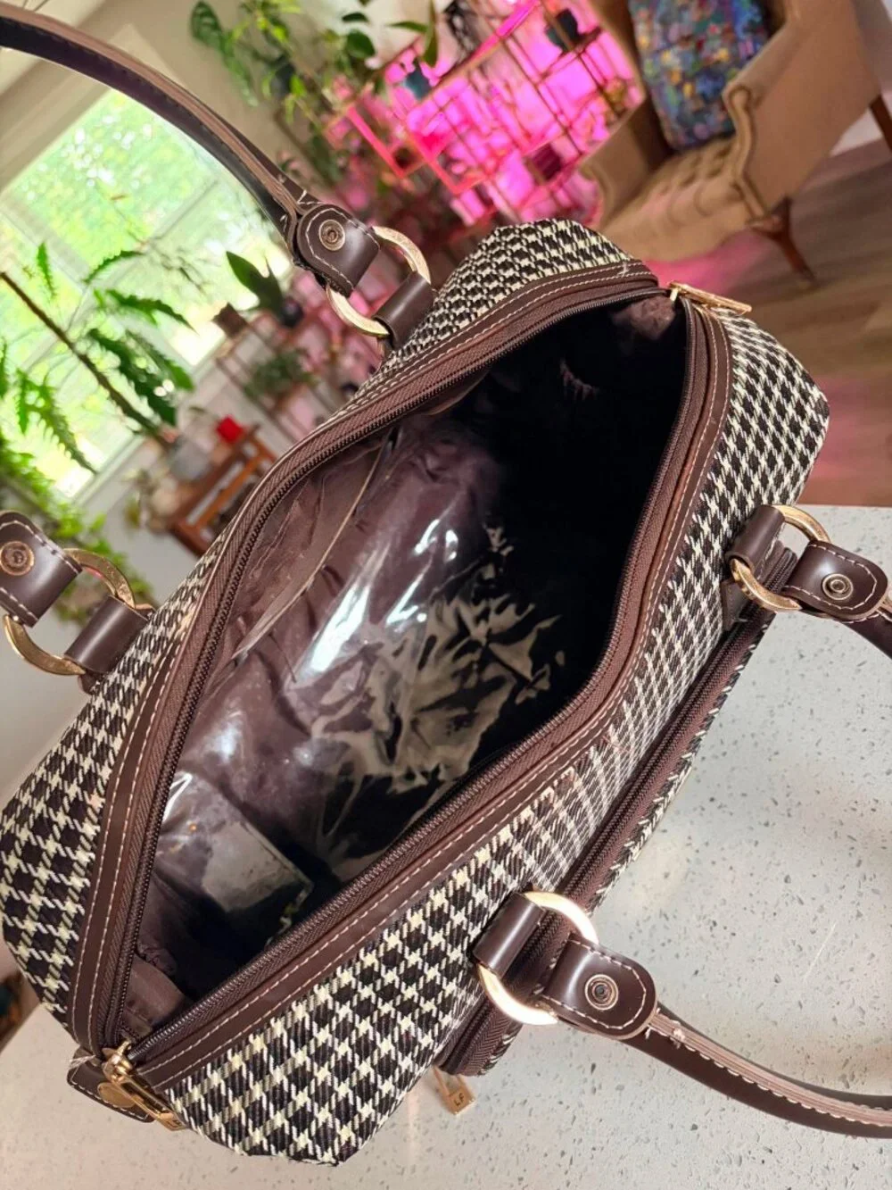 London Fog Houndstooth Travel Cosmetic Bag Makeup Organizer Weekender Case
